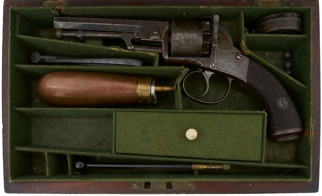 A CASED 120-BORE SIX-SHOT PERCUSSION WEBLEY BENTLEY TYPE OPEN FRAMED REVOLVER,: A CASED 120-BORE SIX-SHOT PERCUSSION WEBLEY BENTLEY TYPE OPEN FRAMED REVOLVER, 4inch sighted octagonal barrel, chevron engraved cylinder, border and scroll engraved frame, chequered two-piece wooden g