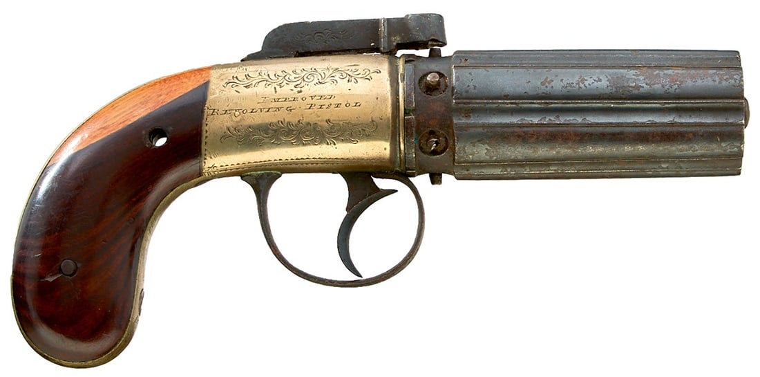 AN 85-BORE SIX-SHOT PERCUSSION PEPPERBOX REVOLVER BY THOMAS LLOYD,: AN 85-BORE SIX-SHOT PERCUSSION PEPPERBOX REVOLVER BY THOMAS LLOYD, 3.5inch fluted barrels, border and scroll engraved signed white metal action, two-piece wooden grips. One grip screw lacking, action 