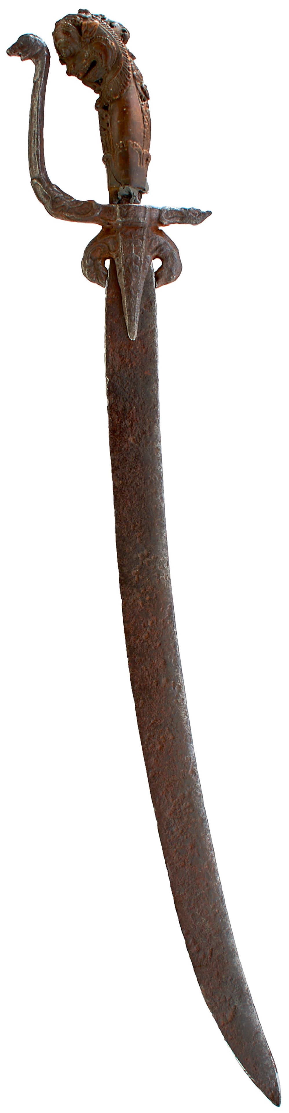 AN 18TH CENTURY SINHALESE OR CEYLONESE KASTANE OR SHORT SWORD,: AN 18TH CENTURY SINHALESE OR CEYLONESE KASTANE OR SHORT SWORD, 43.5cm curved heavy blade, patinated, characteristic hilt decorated with scrolling foliage and geometric designs, the various quillons an