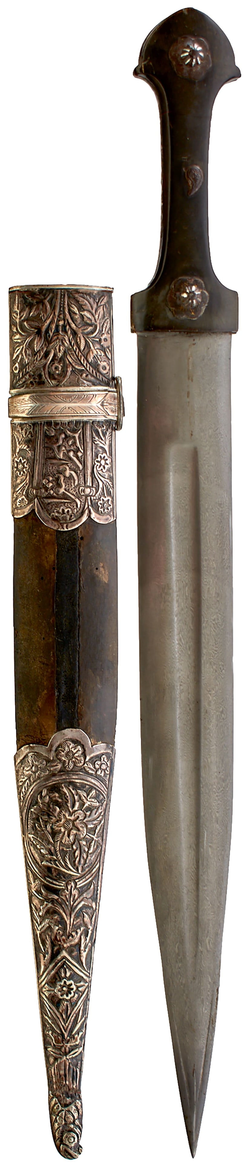 A 19TH CENTURY OTTOMAN TURKISH KINDJAL,: A 19TH CENTURY OTTOMAN TURKISH KINDJAL, 37cm etched wootz damascus fullered blade, characteristic hilt with two-piece riveted horn grips, two of the domed rivets with spiral finials, the edge of the t