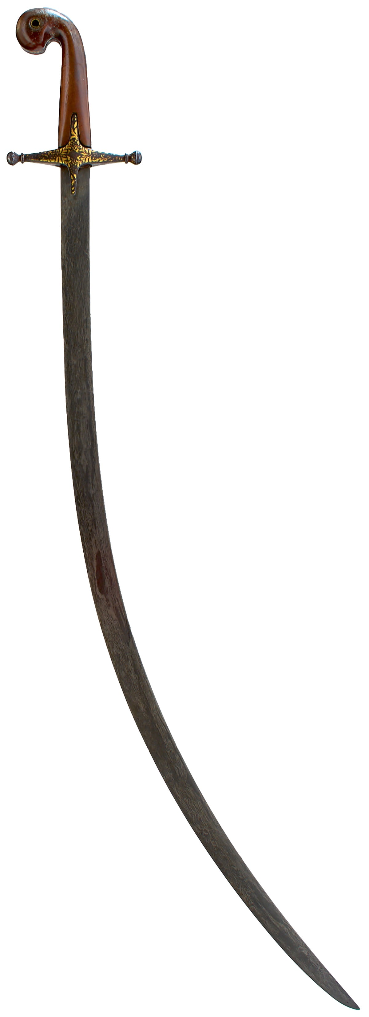 A 19TH CENTURY OTTOMAN TURKISH SHAMSHIR,: A 19TH CENTURY OTTOMAN TURKISH SHAMSHIR, 80.75cm sharply curved wootz damascus blade, characteristic hilt, the tapering iron crossguard with spherical terminals and decorated with foliage in gold dama
