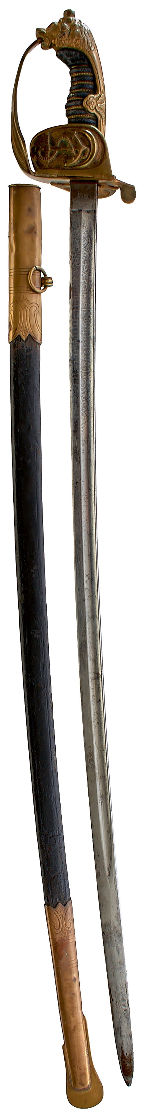 A SCARCE FIRST WAR PERIOD OTTOMAN TURKISH NAVAL OFFICER'S SWORD,: A SCARCE FIRST WAR PERIOD OTTOMAN TURKISH NAVAL OFFICER'S SWORD, 75cm curved fullered blade etched with scrolling foliage, crescent motif, Bazar Militaire Constantinople, maker's stamp for WKC, regula