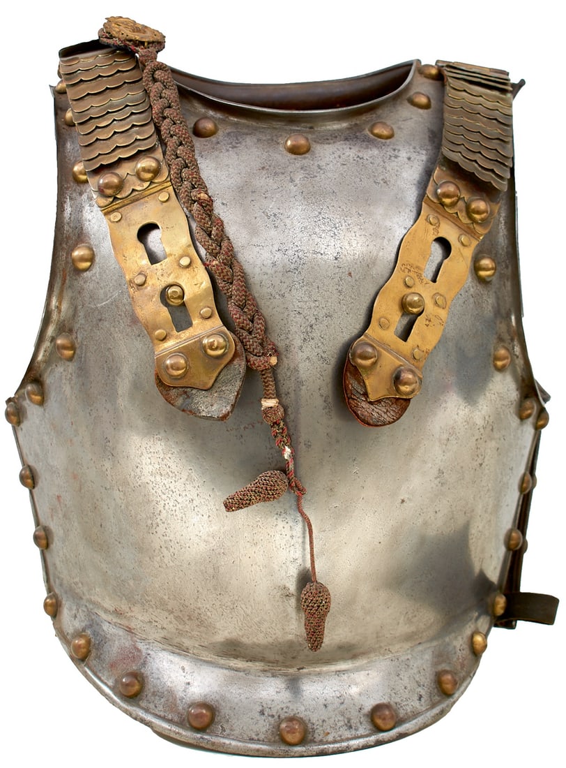 A WILHELM II IMPERIAL GERMAN CUIRASS,: A WILHELM II IMPERIAL GERMAN CUIRASS, the steel breast plate with raised medial ridge and flared skirt, the right shoulder stamped No. III 10 over 150 over 4K4 (Fourth Westphalian Cuirassier Regiment)