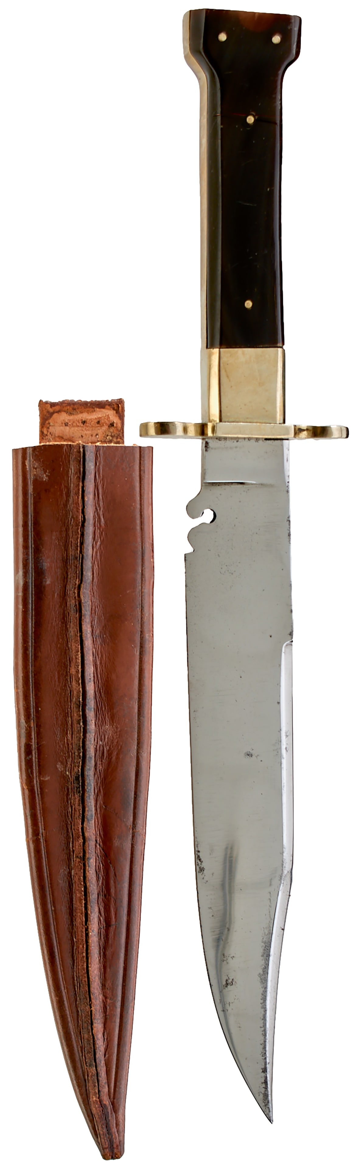 A LARGE BOWIE KNIFE BY JAMES,: A LARGE BOWIE KNIFE BY JAMES, 22cm clipped back blade, shaped at the forte and etched to one side with a scroll bordered panel bearing the legend AMERICA THE LAND OF THE FREE AND THE LAND OF THE BRAVE