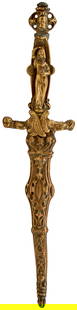 A LATE 19TH CENTURY MOMENTO-MORI OR ROMANTIC DAGGER,: A LATE 19TH CENTURY MOMENTO-MORI OR ROMANTIC DAGGER, 9.75cm flattened diamond section blade, characteristic brass hilt decorated with the figure of a lady to the front and a skeleton on the reverse, i