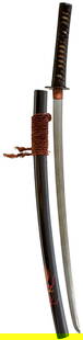 A KATANA,: A KATANA, 63.9cm Koto blade with two mekugi-ana, o-suriage, cut with twin hi, signed Rai? Kunitoshi, fully bound tsuka with shakudo fuchi-kashira engraved with scrolling foliage, shakudo and gilt flor