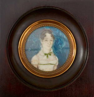 AN EARLY 19TH CENTURY FRENCH MINIATURE PORTRAIT OF A YOUNG WOMAN,: AN EARLY 19TH CENTURY FRENCH MINIATURE PORTRAIT OF A YOUNG WOMAN, bust length and wearing a white dress, watercolour, 5cm tondo, ebonised and gilt frame, the reverse with contemporary indistinct inscr