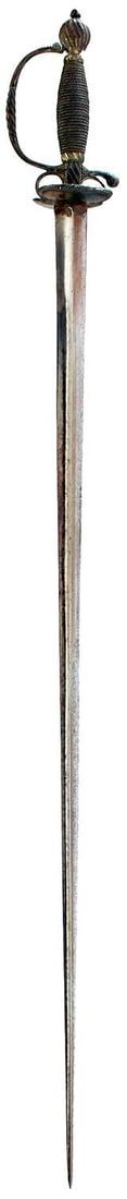 AN 18TH CENTURY WHITE METAL HILTED SMALLSWORD,: AN 18TH CENTURY WHITE METAL HILTED SMALLSWORD, 82cm triangular section incurved blade, characteristic white metal hilt with upturned shell guard with roped borders, D-shaped knuckle guard and ovoid po