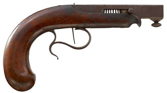 A 19TH CENTURY GERMAN SPRING-GUN PISTOL,: A 19TH CENTURY GERMAN SPRING-GUN PISTOL, retaining much of its original blued finish, incomplete, 20.5cm long over all.