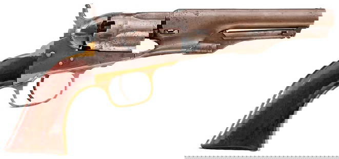 A .36 CALIBRE FIVE-SHOT PERCUSSION COLT POLICE REVOLVER,: A .36 CALIBRE FIVE-SHOT PERCUSSION COLT POLICE REVOLVER, 4.5inch sighted barrel stamped with the manufacturer's details, fluted cylinder, the frame stamped COLTS PATENT to the left side, brass trigger