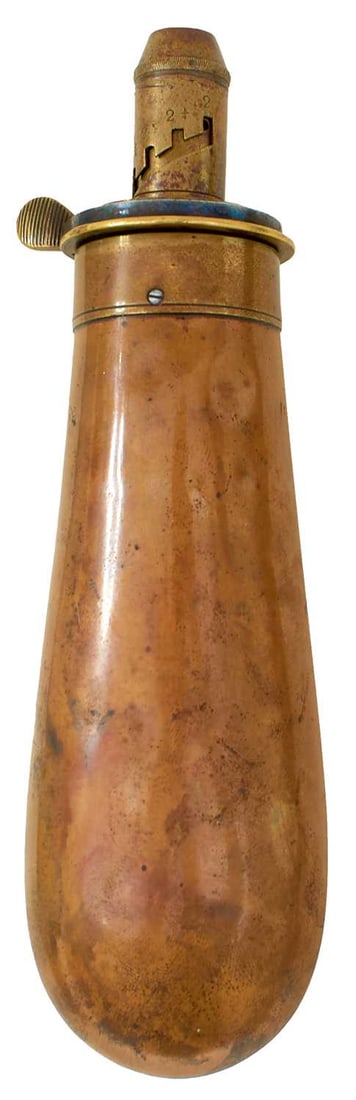 A BAG-SHAPED COPPER POWDER FLASK OF COLT NAVY TYPE,: A BAG-SHAPED COPPER POWDER FLASK OF COLT NAVY TYPE, adjustable brass top stamped JAMES DIXON, together with an American copper pistol flask embossed with an eagle and shield and crossed pistols to eit