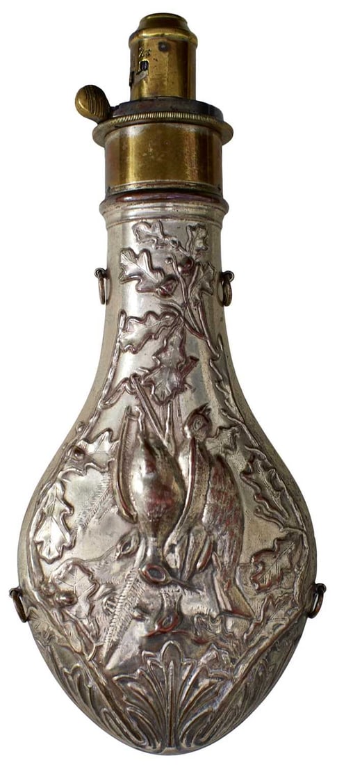 A PLATED COPPER POWDER FLASK BY HANDSOME & CO,: A PLATED COPPER POWDER FLASK BY HANDSOME & CO, the two-piece body decorated with hung game, acanthus and oak leaves, sprung top with partial maker's stamp, together with a plain copper gun flask. (2)