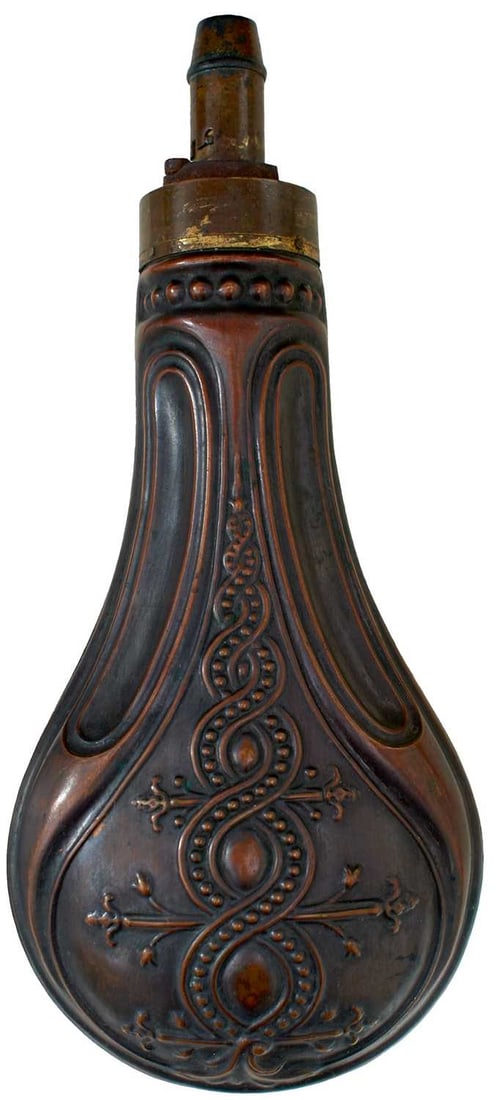 A GUN-SIZED POWDER FLASK,: A GUN-SIZED POWDER FLASK, the embossed copper body decorated with a spiral design and retaining good traces of original lacquered finish, brass top with adjustable nozzle, spring and arm lacking.