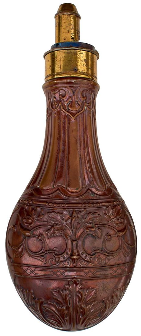 A GOOD DIXON GUN SIZED POWDER FLASK,: A GOOD DIXON GUN SIZED POWDER FLASK, the embossed copper body decorated with acanthus leaves, scrolling vines and geometric borders, retaining virtually all its original lacquered finish, lacquered br