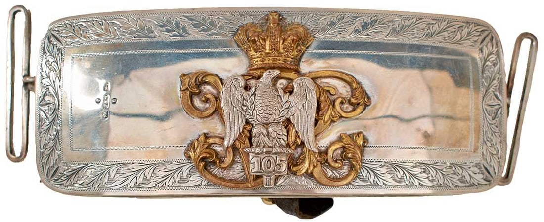 AN OFFICER'S 1ST ROYAL DRAGOONS SILVER CROSS BELT POUCH,: AN OFFICER'S 1ST ROYAL DRAGOONS SILVER CROSS BELT POUCH, the silver front plate with geometric and foliate border, copper gilt crowned VR cypher overlaid with the white metal regimental device, Birmin