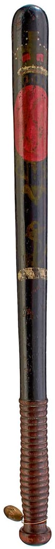 TWO 19TH CENTURY TRUNCHEONS,: TWO 19TH CENTURY TRUNCHEONS, the first decorated with a crown over SPECIAL CONSTABLE around a red cartouche above an anchor, punched metal collection tag numbered 142, 48cm long, the second with trans