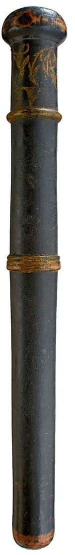 A WILLIAM IV PAINTED WOOD TRUNCHEON OF CANNON BARREL SHAPE,: A WILLIAM IV PAINTED WOOD TRUNCHEON OF CANNON BARREL SHAPE, decorated with WR over IV on a black ground, 48cm long. It has been suggested that this may have been a converted belay pin. a/f