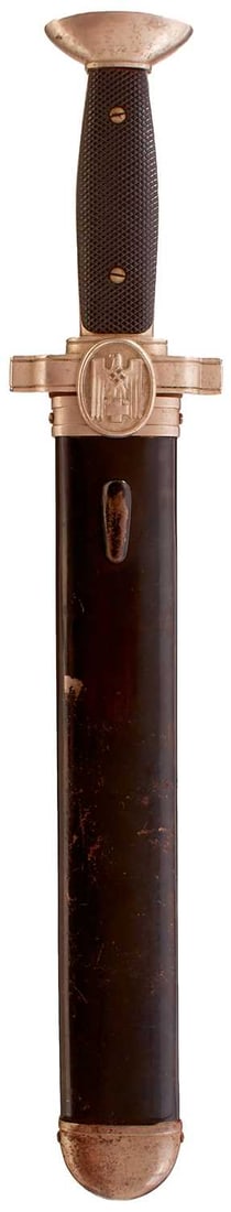 A THIRD REICH RED CROSS (DRK) MAN'S HEWER OR SIDEARM,: A THIRD REICH RED CROSS (DRK) MAN'S HEWER OR SIDEARM, 26.75cm fullered blade with squared tip and saw back, regulation plated hilt, with two-piece riveted chequered celluloid grips, in its nickel moun