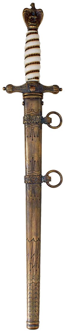 TWO POST WAR THIRD REICH KRIEGSMARINE DAGGERS,: TWO POST WAR THIRD REICH KRIEGSMARINE DAGGERS, both with etched blades, one with stippled oak leaf scabbard, the other with lightning flashes. (2)