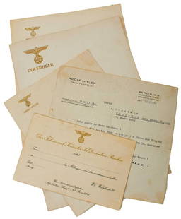A SELECTION OF ADOLF HITLER'S PERSONAL STATIONERY,: A SELECTION OF ADOLF HITLER'S PERSONAL STATIONERY, to include three blank pieces of paper of varying sizes, embossed in gilt to the top left Der Fuhrer and the two others Adolf Hitler, together with a