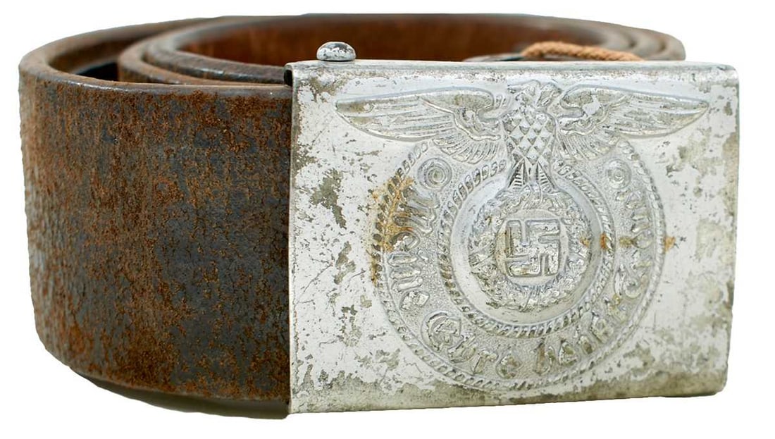 A THIRD REICH SS BELT AND BUCKLE,: A THIRD REICH SS BELT AND BUCKLE, the plated buckle embossed with an eagle, wreath and motto, SS marked to the reverse, the leather belt stamped RZM L2/256/38 SS.