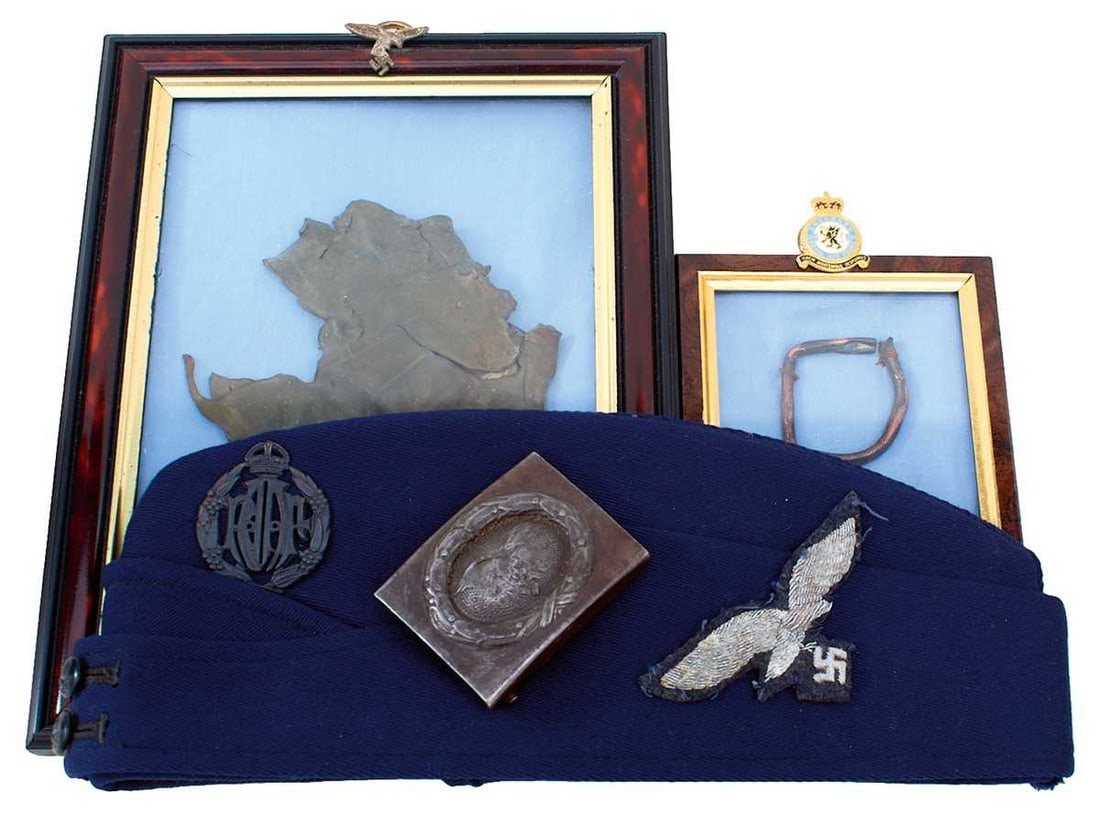 THIRD REICH LUFTWAFFE AIRCREW OXYGEN MASK,: THIRD REICH LUFTWAFFE AIRCREW OXYGEN MASK, framed and glazed relic recovered from a Dornier DO. 17z of KG76 which crashed at Sundridge near Sevenoaks in Kent on the 7th of September 1940, together wit