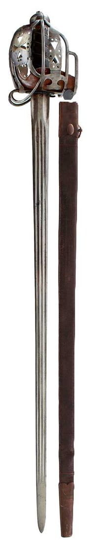 AN 18TH CENTURY SCOTTISH BASKET HILTED BROADSWORD,: 81.5cm triple fullered blade incised ANDREA and FARRARA and with a series of XXX forms, characteristic hilt composed of flattened rounded bars united by shaped circle and heart-pierced junction plates