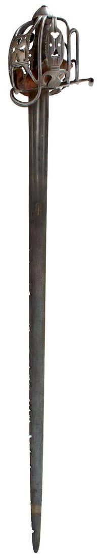 AN 18TH CENTURY SCOTTISH BASKET-HILTED BACKSWORD,: 84.5cm double fullered blade stamped with a cross and orb mark on either side, inlaid in copper, partially stamped NDA in the fuller on one side, characteristic hilt composed of rounded bars united by