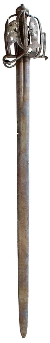 AN 18TH CENTURY SCOTTISH BASKET HILTED BROADSWORD,: 84cm wide fullered blade with several large edge nicks, large sized characteristic hilt composed of flattened rounded bars united by heart and circle-pierced junction plates with incised tramline deco