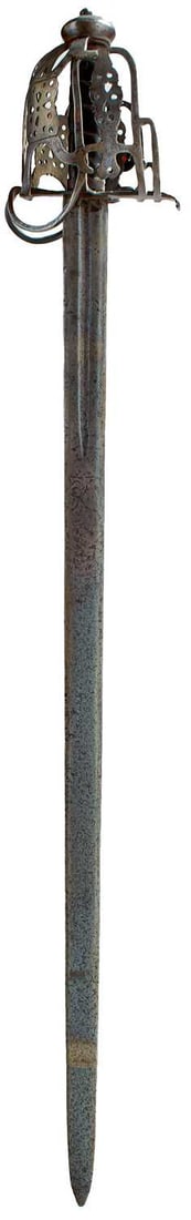 AN 18TH CENTURY SCOTTISH BASKET-HILTED BROADSWORD,: 86.5cm fullered Spanish blade struck with the mark of a salet, further struck with a partial shield and crown mark at the forte, characteristic hilt composed of flattened squared bars united by circle