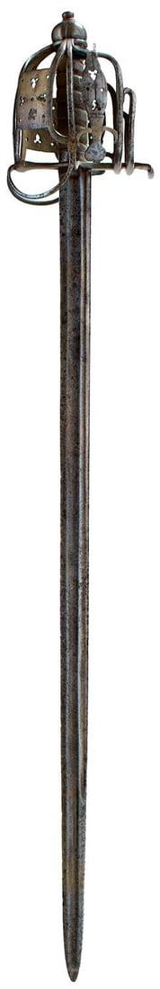 AN 18TH CENTURY SCOTTISH BASKET-HILTED BACKSWORD,: 82.5cm double fullered blade, characteristic hilt composed of rounded bars united by circle and heart-pieced junction plates with incised linear decoration united to a ring beneath the incised bun-sha