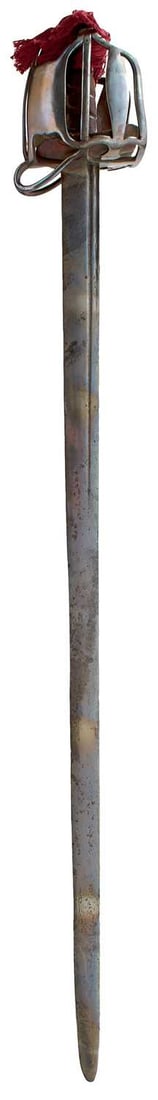 AN 18TH CENTURY BRITISH MILITARY BASKET-HILTED BACKSWORD,: 92cm double fullered wide blade, characteristic basket hilt composed of flattened rounded bars united by plain scalloped panels, united to a ring beneath the bun-shaped pommel, low looping forward gua
