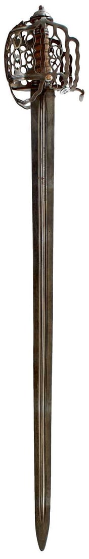 A SCOTTISH BASKET HILTED BROADSWORD,: 86.75cm double fullered broad blade incised in the fullers XXX ANDREA XXX FERRARA XXX, characteristic basket hilt composed of flattened wavy bars interspersed heart and oval-pierced junction plates un