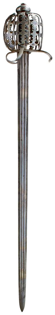 A SCOTTISH BASKET-HILTED BACKSWORD IN THE 18TH CENTURY MANNER,: 86.5cm triple fullered wide blade, incised FERARA to one side and with small groupings of diamond form punched dots, characteristic hilt composed of slender flattened rounded bars united by pierced an