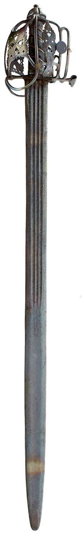 A COMPOSITE 18TH CENTURY SCOTTISH BASKET-HILTED BROADSWORD,: 83cm triple fullered wide blade, characteristic hilt composed of rounded bars united by circular and shield-pierced junction plates united to a ring beneath the later saltire incised bun-shaped pommel