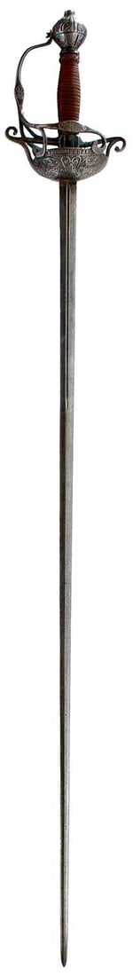 A 17TH CENTURY ENGLISH CIVIL WAR PERIOD OFFICER'S DISH-HILT RAPIER,: 91cm flattened diamond section fullered blade, characteristic shallow dish-hilt chiselled with four profile busts of Charles interspersed with scrolling foliage and vines, the upper guard with a centr