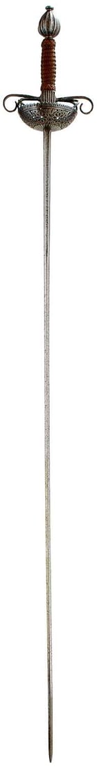 A 17TH CENTURY NORTH EUROPEAN RAPIER,: 104.75cm flattened diamond section blade incised JOHANNES WUNDES SOLINGEN in the short central fullers on either side, characteristic dish-hilt chiselled and pierced with flowerheads and with scallope