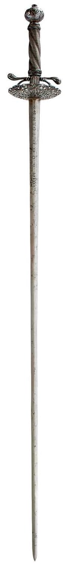 A 17TH CENTURY NORTH EUROPEAN TRANSITIONAL RAPIER,: 86cm flattened diamond section blade incised EN TOLEDO to either side, further decorated with a foliate form, scroll pierced dish guard decorated with opposing profile busts, recurved quillons, flatte