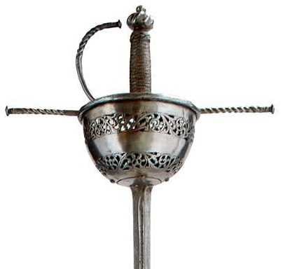 A 17TH CENTURY SPANISH CUP-HILT RAPIER,: 108.5cm flattened diamond section blade incised NEMO ME IMPUNE LACESSIT in the short central fuller and struck with an anchor mark at the peak, characteristic hilt with deep cup pierced with two-bands