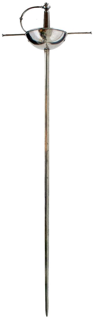 AN 18TH CENTURY SPANISH CUP-HILT RAPIER,: 94cm flattened diamond section blade, characteristic cup-hilt with burnished cup with turned rim, guardapolvo of pierced foliate form, elongated quillons with ring turned terminals with bun-shaped fin