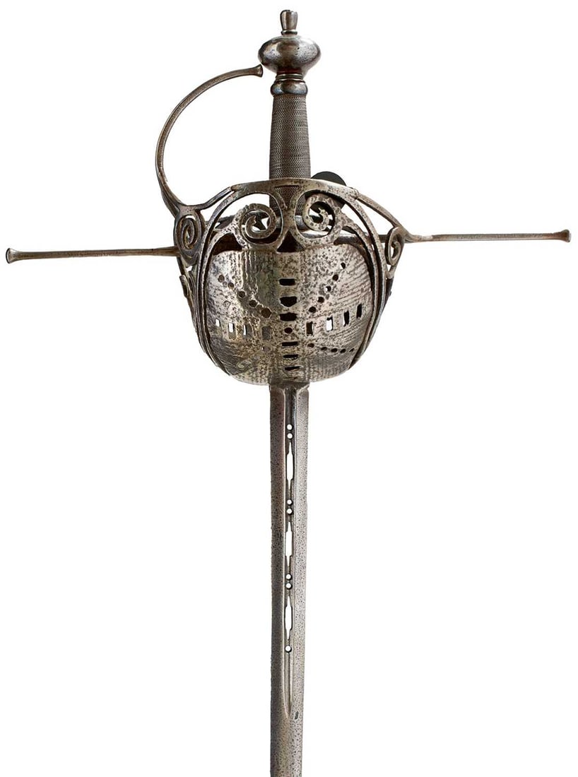 A 17TH CENTURY ITALIAN CUP-HILT RAPIER,: 98cm flattened diamond section fullered blade with longitudinal and circular piercings and a crowned bust maker's stamp for Johannes Wundes, characteristic long cup-hilt with longitudinal and circular
