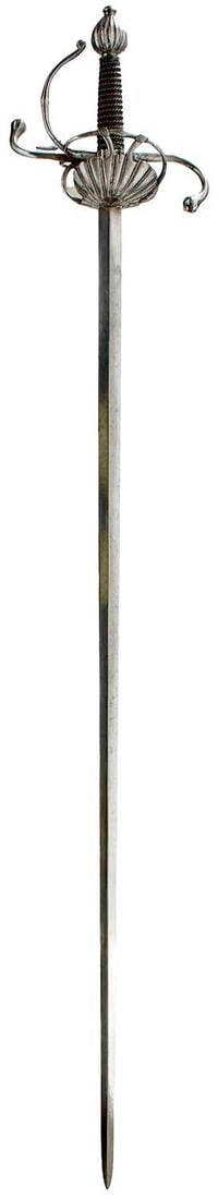 A 17TH CENTURY GERMAN RAPIER,: 101cm flattened diamond section blade, struck with a maker's mark on the ricasso for Miguel Cantero of Toledo (?), characteristic hilt with lower shell guard, chased in the form of opposing scallop sh