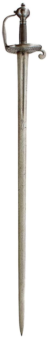 A 17TH CENTURY DUTCH CAVALRY SWORD OF THE AMSTERDAM TOWN GUARD,: 91.5cm fullered blade incised SAHAGOM in the short central fuller on either side, incised with a running wolf motif at the tip, further struck with a crowned P at the forte on either side, one over st