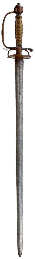 A 17TH CENTURY SHOTLEY BRIDGE ENGLISH OFFICER'S SWORD,: 80cm broadsword blade incised SHOTLEY BRIDGE and with the running fox motif, characteristic brass hilt with D-shaped knuckle bow and shell guard, spherical pommel, the whole with scrolling foliate hig