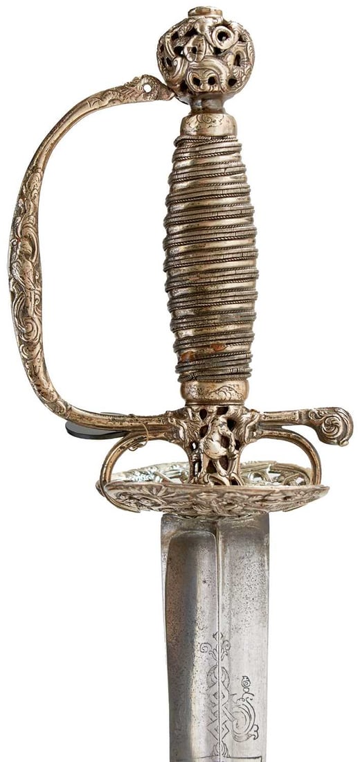 AN 18TH CENTURY ENGLISH SILVER HILTED SMALL-SWORD, (1 of 20)