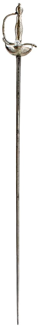 AN 18TH CENTURY CONTINENTAL SILVER HILTED SMALL-SWORD,: 83.5cm flattened diamond section blade incised IN SOLINGEN in the short central fullers and with an S stamp at the peak on either side, shallow bowl guard engraved with scrolling foliage and a castle