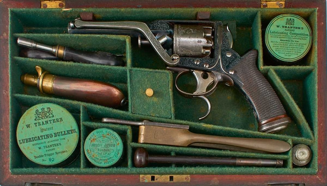A GOOD CASED 80-BORE FIVE-SHOT PERCUSSION DOUBLE TRIGGER TRANTER REVOLVER (1 of 20)