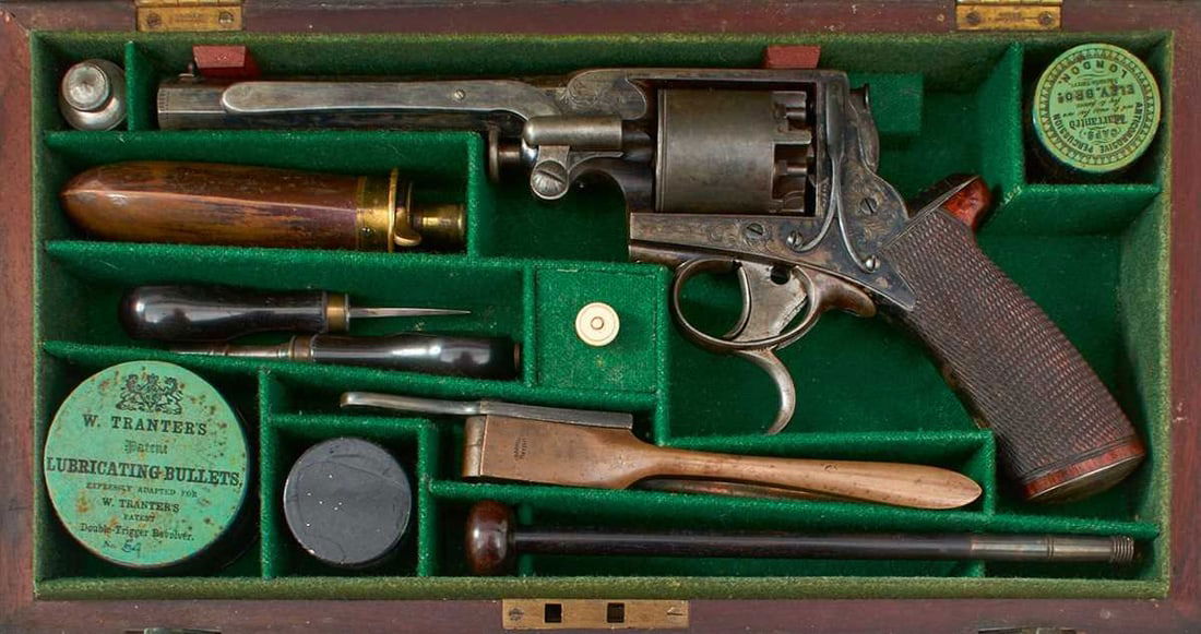 A SCARCE CASED 54-BORE FIVE-SHOT PERCUSSION DOUBLE TRIGGER BEAUMONT ADAMS TRANTER REVOLVER BY DEANE (1 of 17)