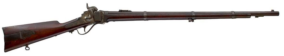 A .52 CALIBRE PERCUSSION MODEL 1859 SHARPS RIFLE,: 30inch sighted barrel fitted with rear ladder sight, stamped NEW MODEL 1859 at the breech and SHARPS MANUFG CO. HARTFORD CONN., the lock stamped C. SHARPS PAT. OCT 5TH 1852 R.S. LAWRENCE PAT APRIL 12T