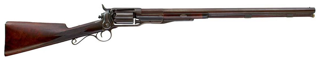 A RARE 12-BORE PERCUSSION FIVE-SHOT COLT MODEL 1855 REVOLVING SHOTGUN,: 27inch sighted two-stage barrel stamped COL COLT HARTFORD CT USA in the sighting groove, fluted cylinder, the left side of the frame stamped COLTS PATENT NOV 24TH 1857, half stocked with plain steel m